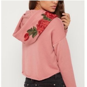 Dusty Pink Rose Embroidered Cropped Hoodie